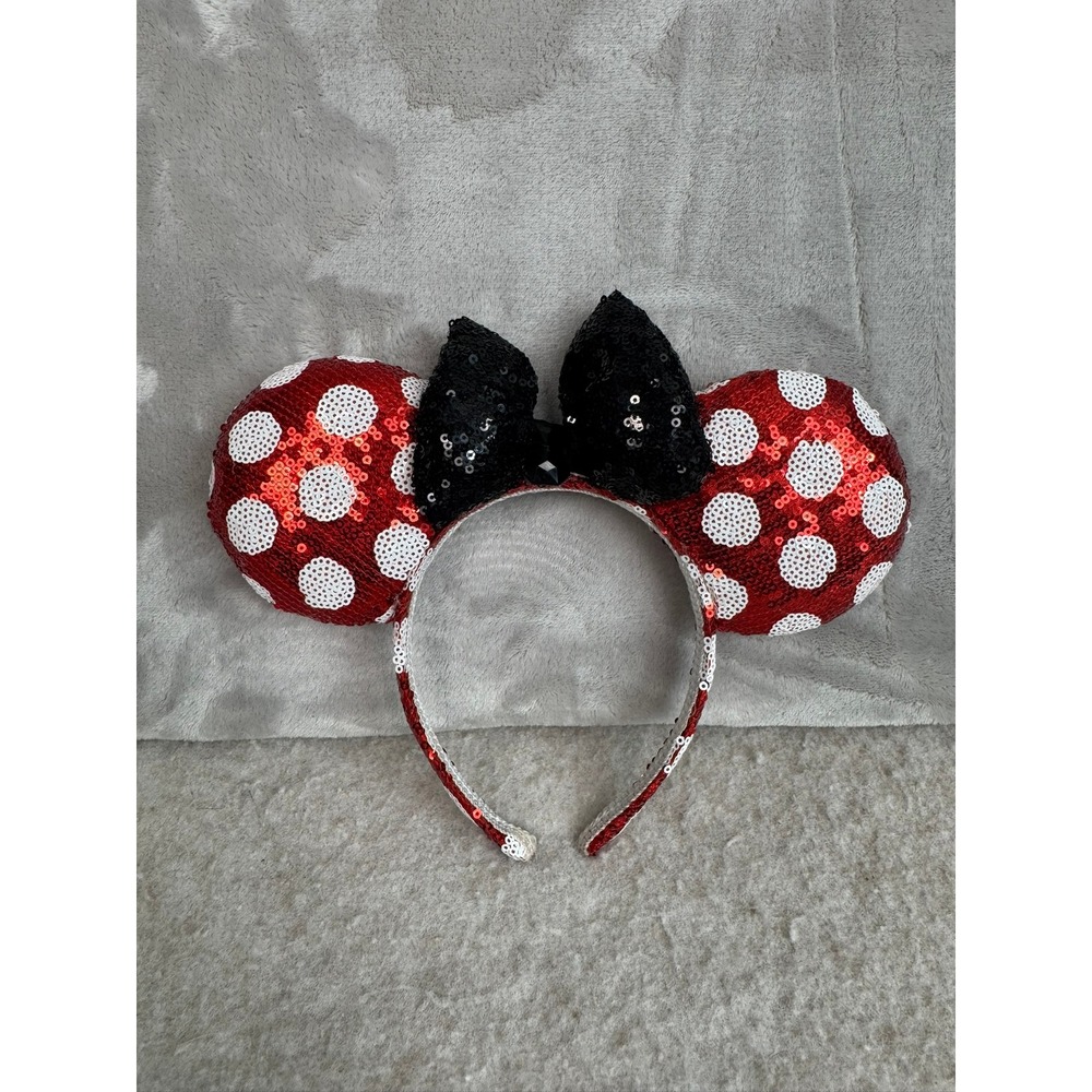 Minnie Mouse Ears Red Sequin White Polka‎ Dot Sparkle Headband Black Bow Disney
